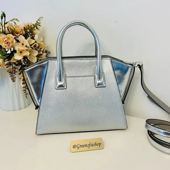 Michael Kors Purse Avril Small Leather Satchel Crossbody Bag Silver